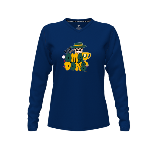 [CUS-DFW-TEES-CMF-VNK-LSL-NVY-FYXS-LOGO3] Decker Comfort T-Shirt (Female Youth XS, Navy, V Neck, Logo 3, Long Sleeve)