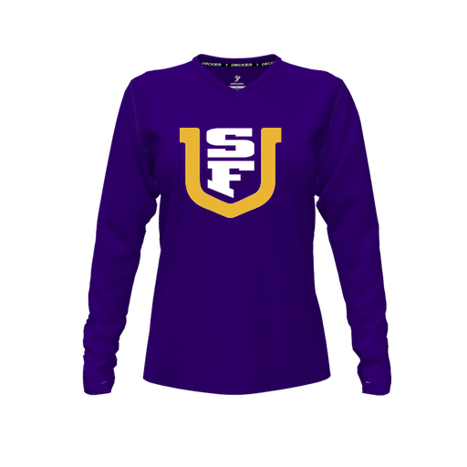 [FTLVCFPP-FYXS-LOGO1] Decker Comfort T-Shirt (Female Youth XS, Purple, V Neck, Logo 1, Long Sleeve)