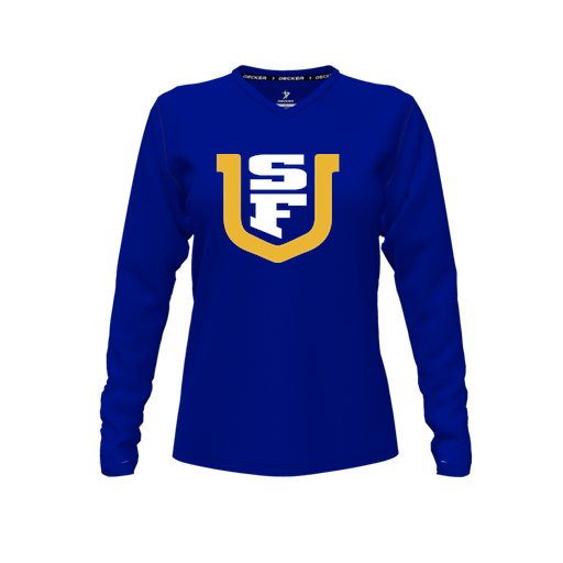 [CUS-DFW-TEES-PER-VNK-LSL-RYL-FYXS-LOGO1] Performance T-Shirt (Female Youth XS, Royal, V Neck, Logo 1, Long Sleeve)