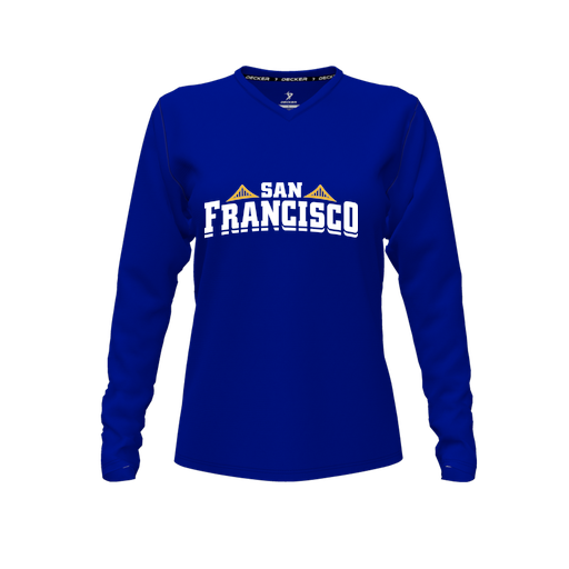 [CUS-DFW-TEES-PER-VNK-LSL-RYL-FYXS-LOGO2] Decker Performance T-Shirt (Female Youth XS, Royal, V Neck, Logo 2, Long Sleeve)