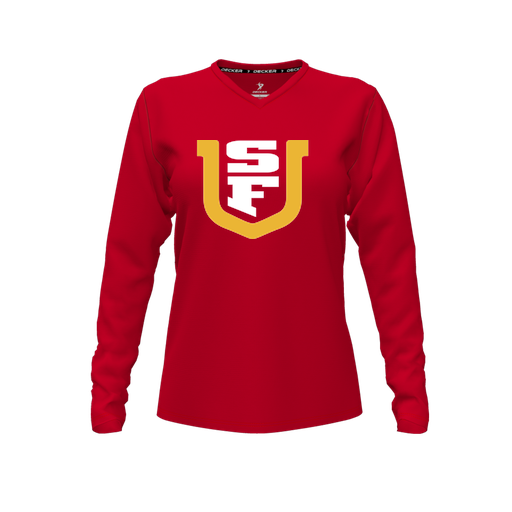 [CUS-DFW-TEES-PER-VNK-LSL-RED-FYXS-LOGO1] Performance T-Shirt (Female Youth XS, Red, V Neck, Logo 1, Long Sleeve)