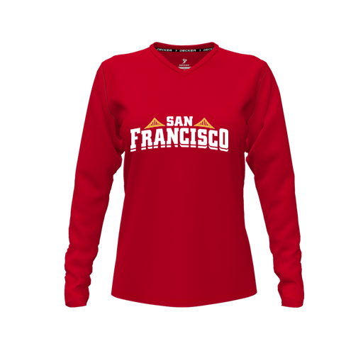 [CUS-DFW-TEES-PER-VNK-LSL-RED-FYXS-LOGO2] Decker Performance T-Shirt (Female Youth XS, Red, V Neck, Logo 2, Long Sleeve)