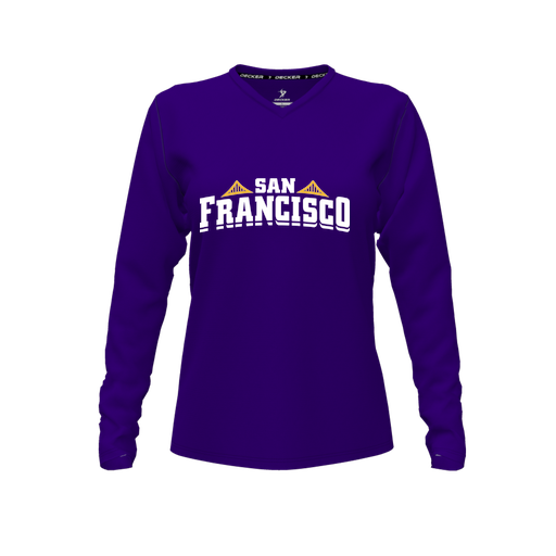 [CUS-DFW-TEES-PER-VNK-LSL-PUR-FYXS-LOGO2] Decker Performance T-Shirt (Female Youth XS, Purple, V Neck, Logo 2, Long Sleeve)